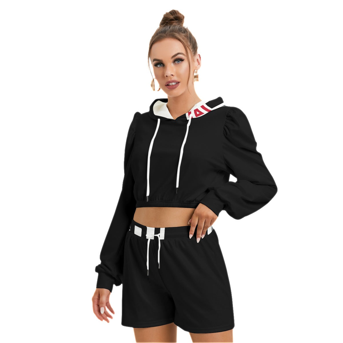 ABJ Greek Black Plain All-Over Print Women's Mirco Fleece Hoodie And Shorts Set