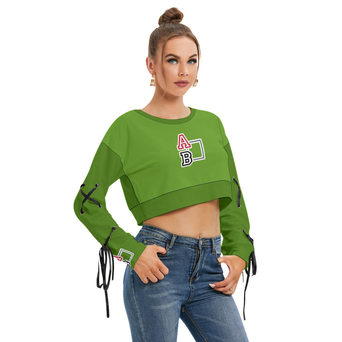 ABJ Ashley Apple Green All-Over Print Women's Long Sleeve Cropped Sweatshirt With Lace up