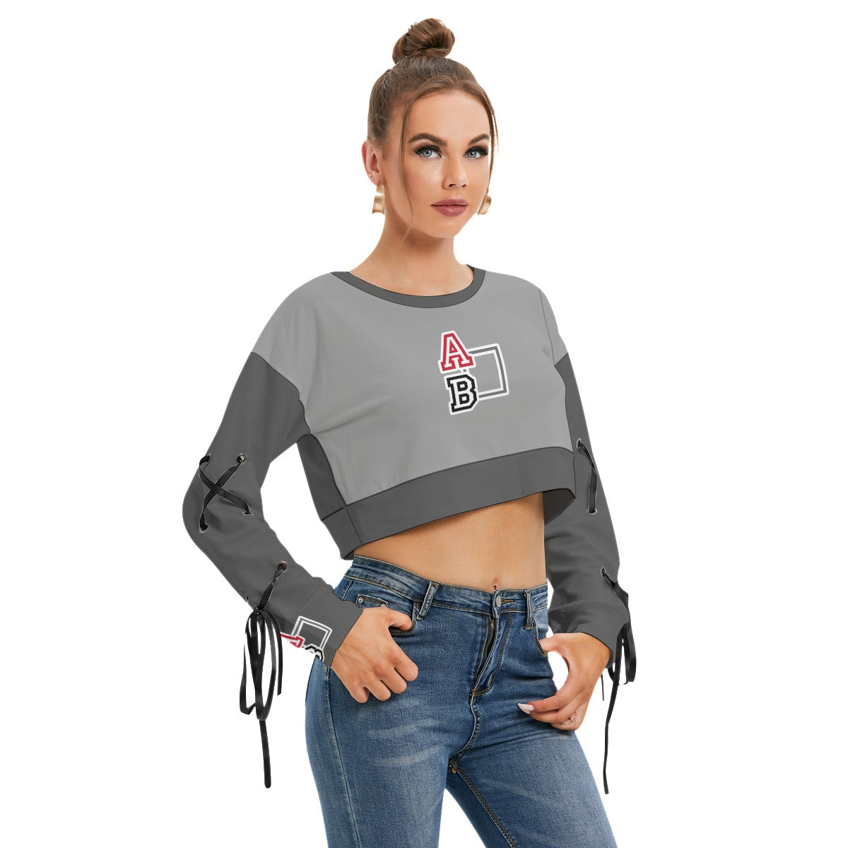 ABJ Ashley Grey All-Over Print Women's Long Sleeve Cropped Sweatshirt With Lace up