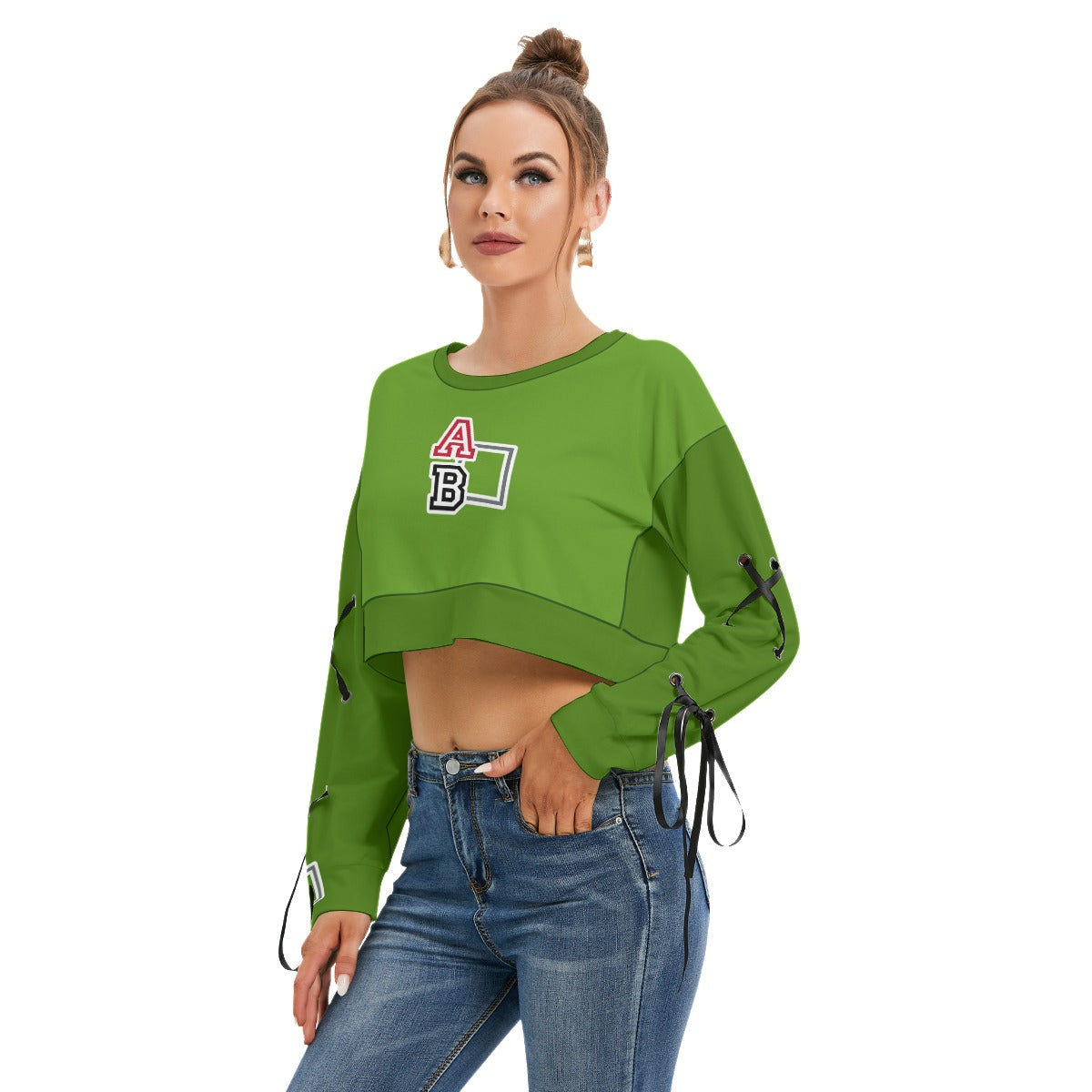 ABJ Ashley Apple Green All-Over Print Women's Long Sleeve Cropped Sweatshirt With Lace up