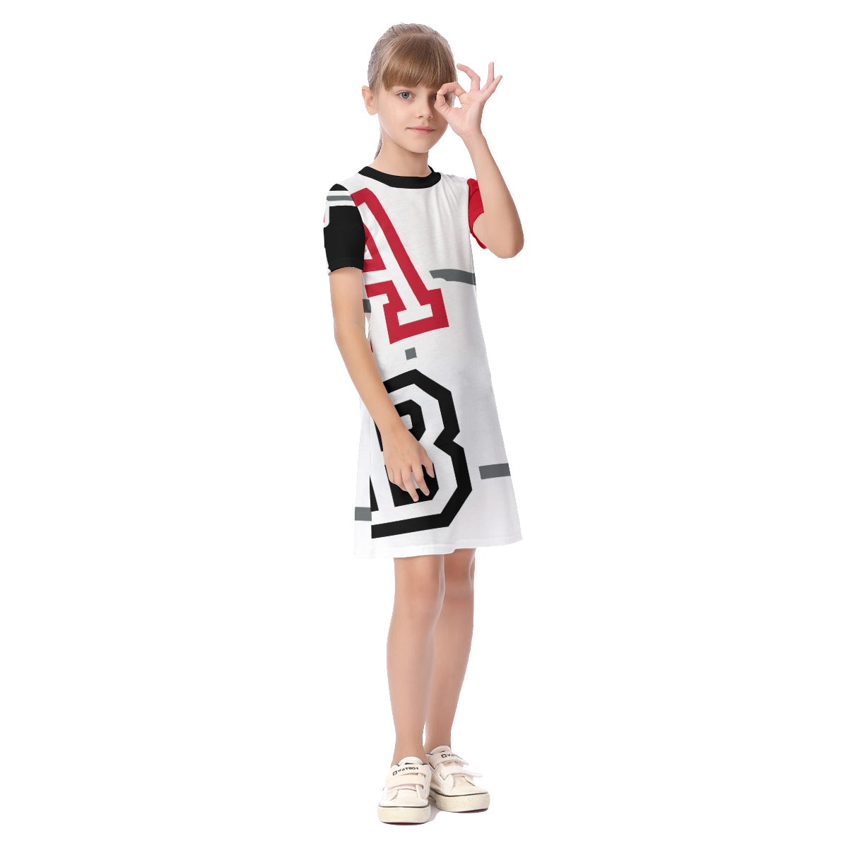 ABJ Greek all White with Red & Black sleeves  All-Over Print Kid's Short Sleeve Dress