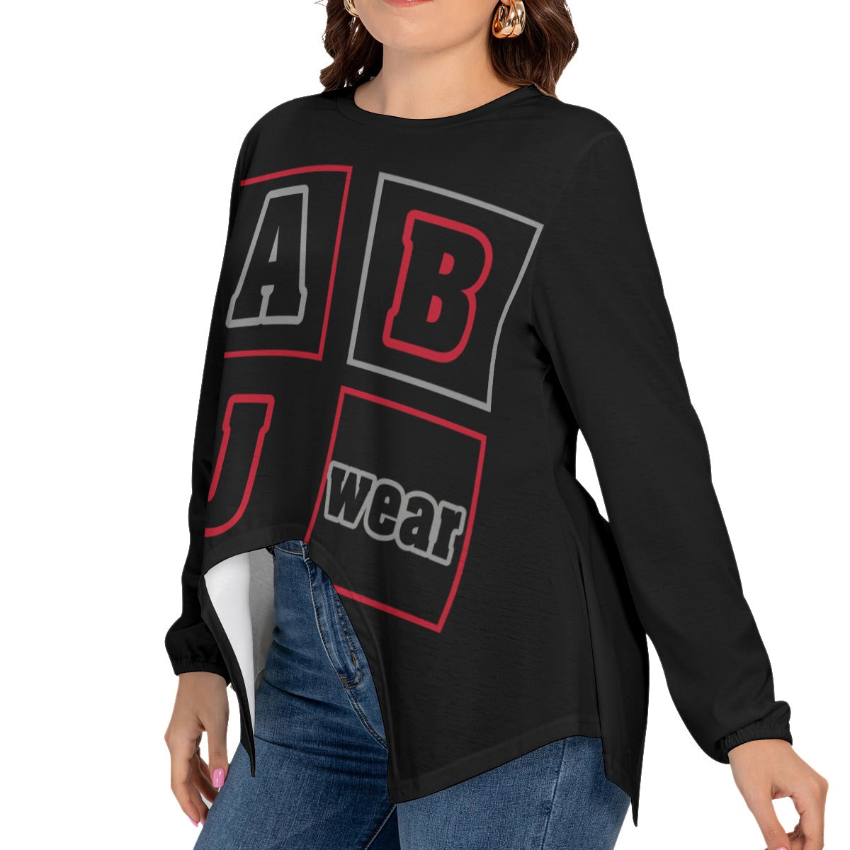 ABJ Bonnie Black All-Over Print Women’s T-shirt With Asymmetrical Hem(Plus Size)