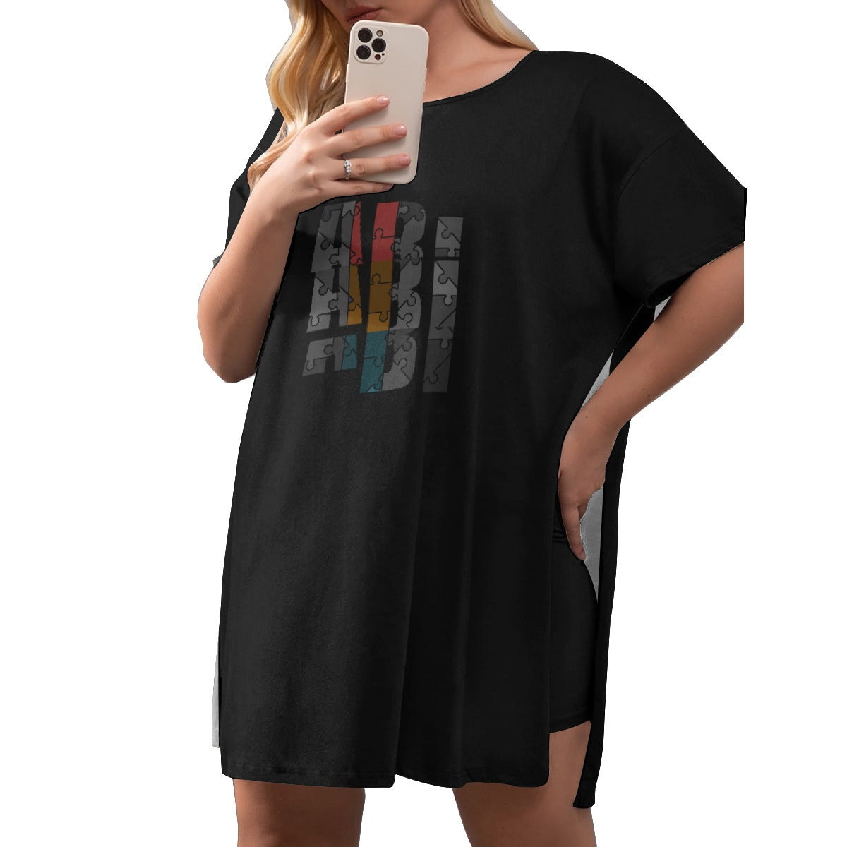 ABJ Amber Black All-Over Print Women's Drop-Shoulder T-Shirt with Side Split and Shorts (Plus Size)