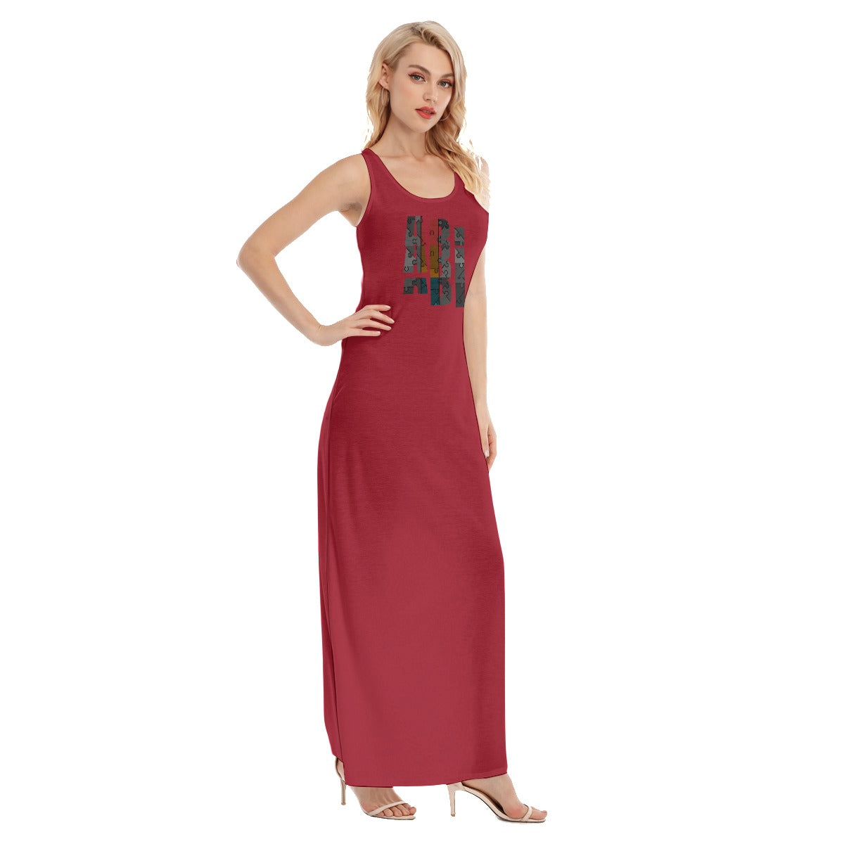 ABJ Samanth Dark Red All-Over Print Women's Vest Dress | Length To Ankle