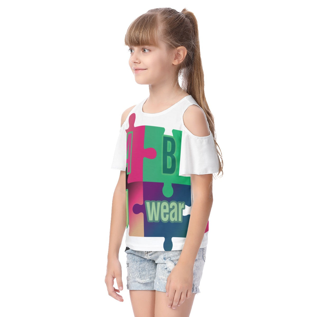 ABJ Puzzle All-Over Print Kid's Cold Shoulder T-shirt With Ruffle Sleeves