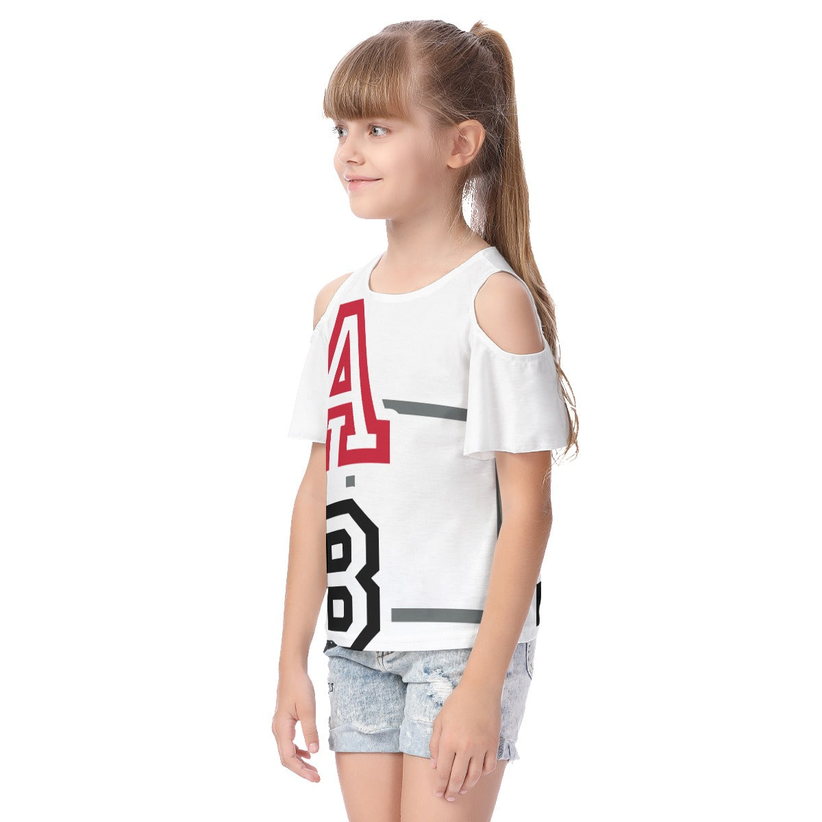 ABJ Greek All-Over Print Kid's Cold Shoulder T-shirt With Ruffle Sleeves