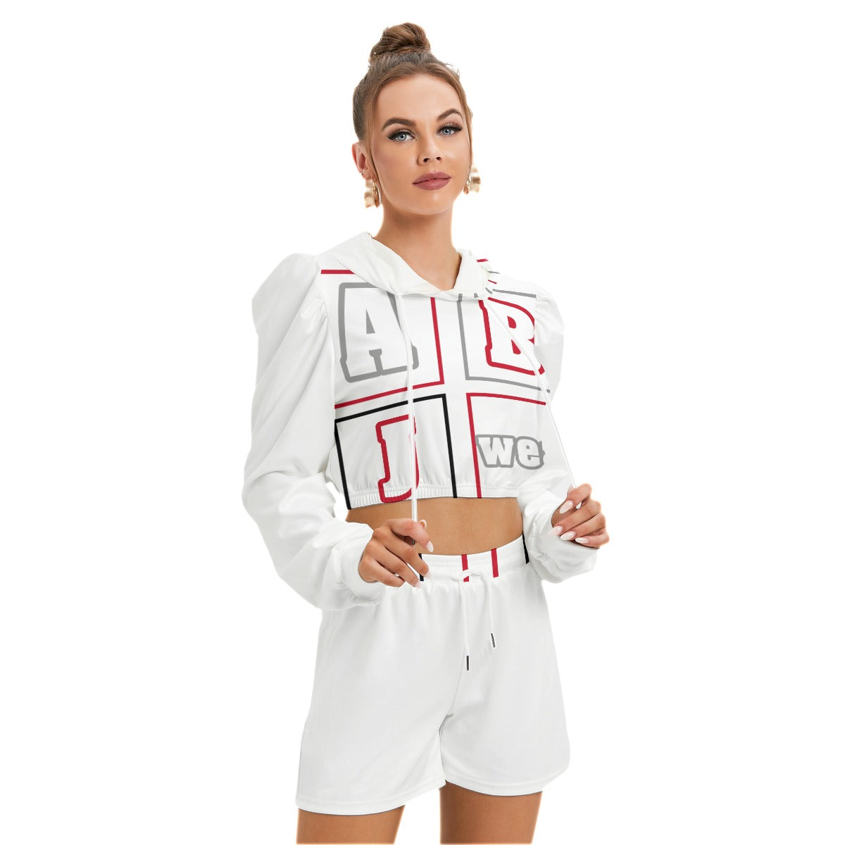 ABJ Block (White) All-Over Print Women's Mirco Fleece Hoodie And Shorts Set