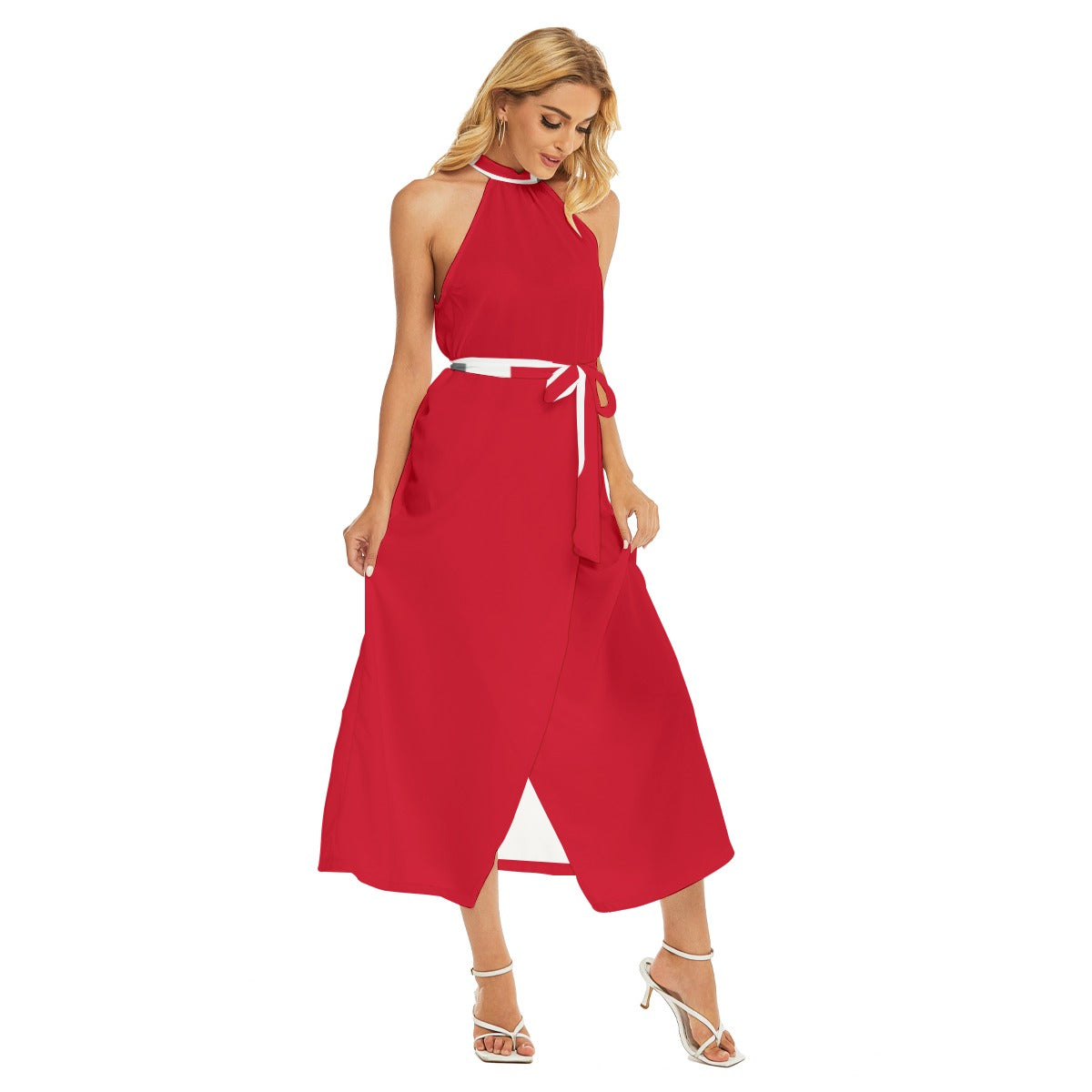 ABJ Greek (Red) All-Over Print Women's Wrap Hem Belted Halter Dress