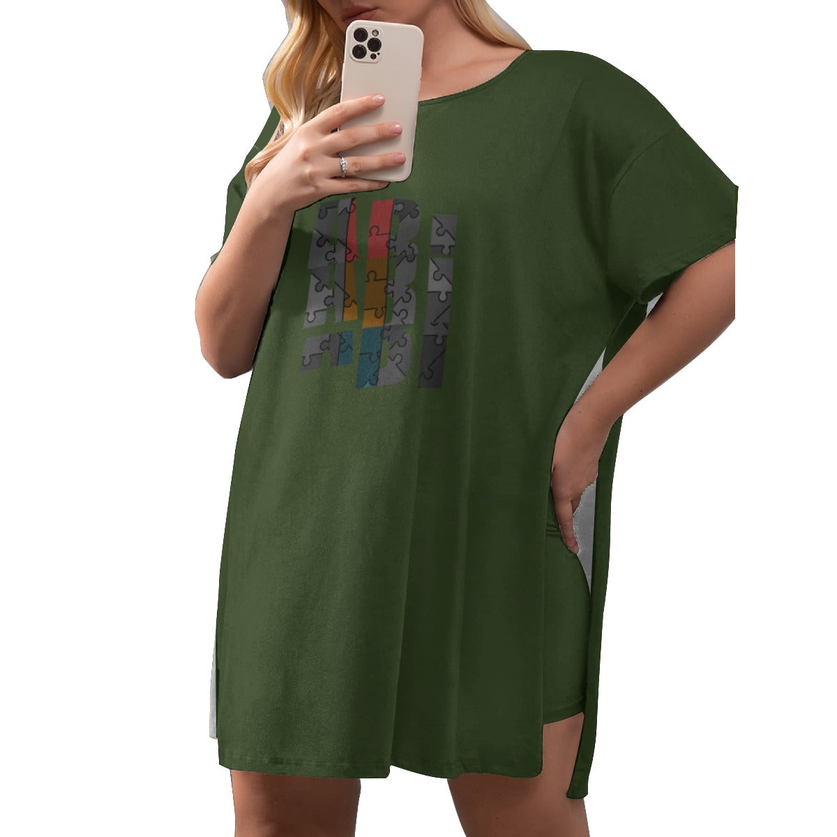 ABJ Amber Army Green All-Over Print Women's Drop-Shoulder T-Shirt with Side Split and Shorts (Plus Size)