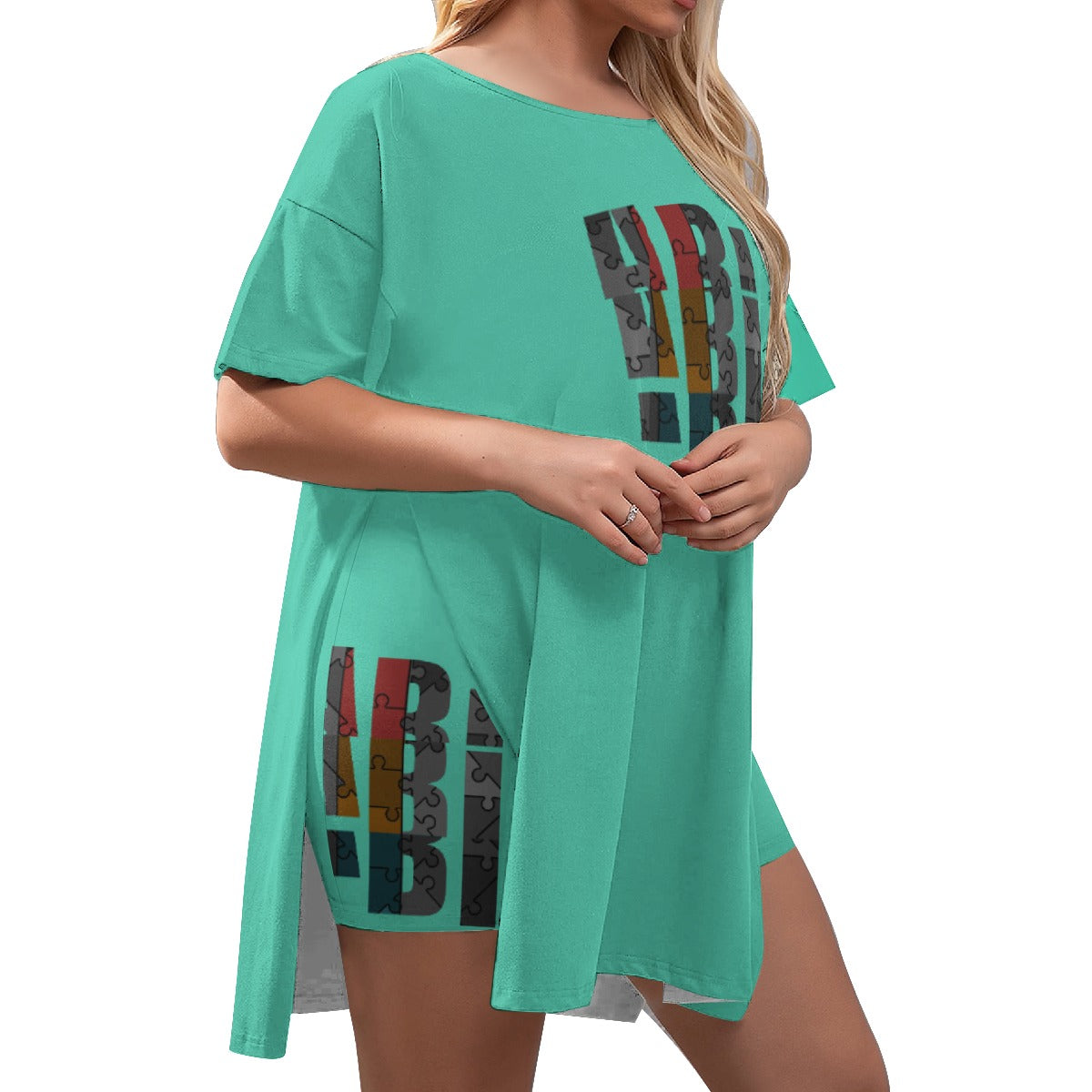 All-Over Print Women's Drop-Shoulder T-Shirt with Side Split and Shorts (Plus Size)