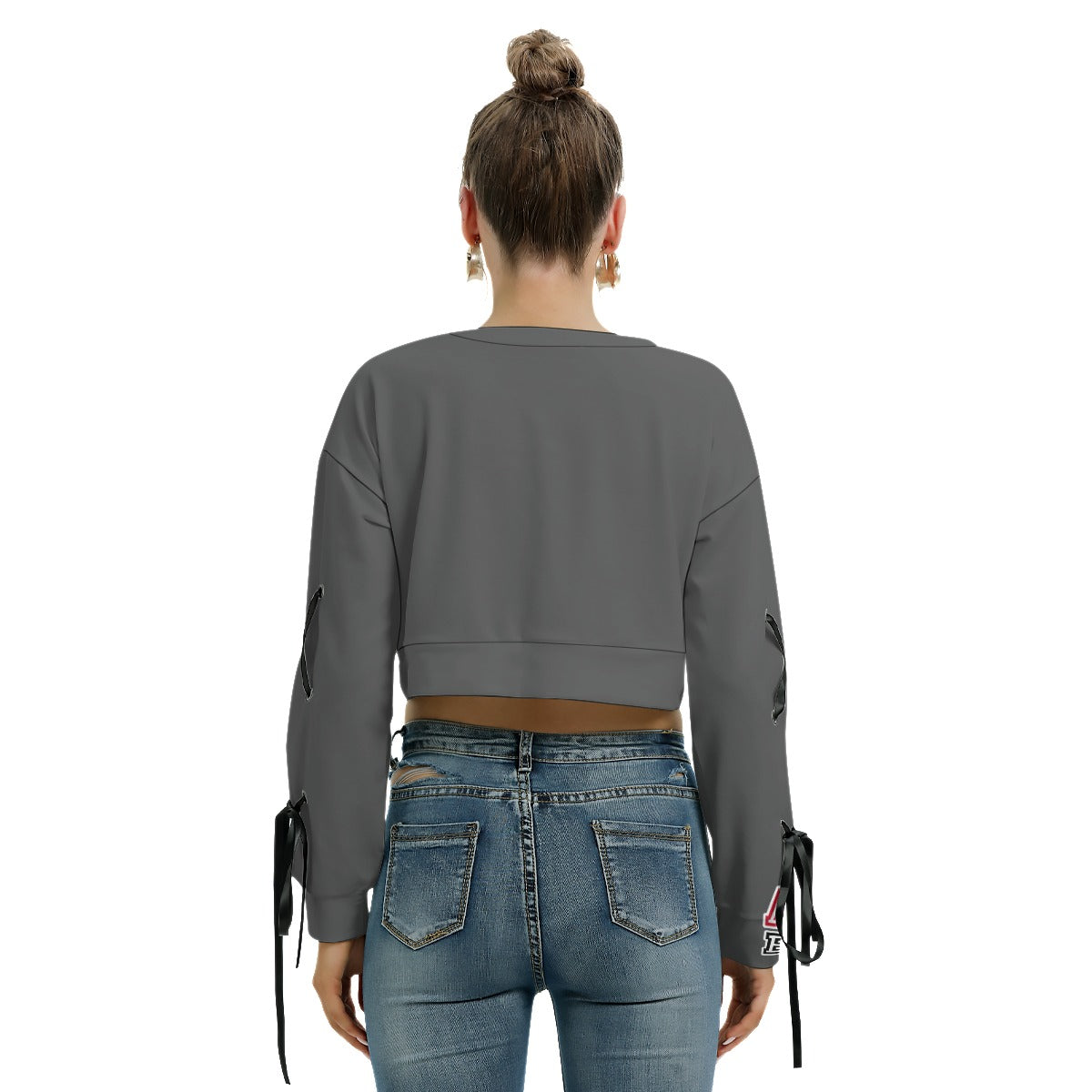 ABJ Ashley Grey All-Over Print Women's Long Sleeve Cropped Sweatshirt With Lace up