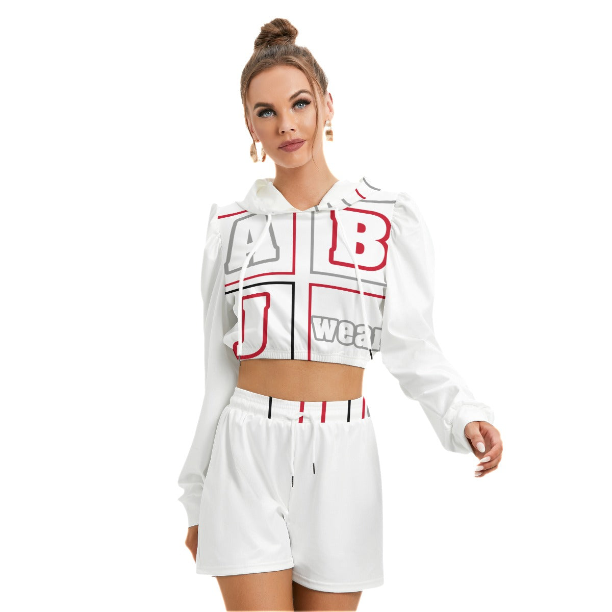 ABJ Block (White) All-Over Print Women's Mirco Fleece Hoodie And Shorts Set