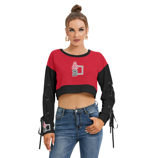 ABJ Ashley Black / Red All-Over Print Women's Long Sleeve Cropped Sweatshirt With Lace up