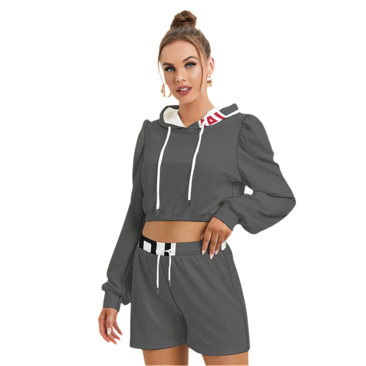 ABJ Greek Grey  Plain All-Over Print Women's Mirco Fleece Hoodie And Shorts Set