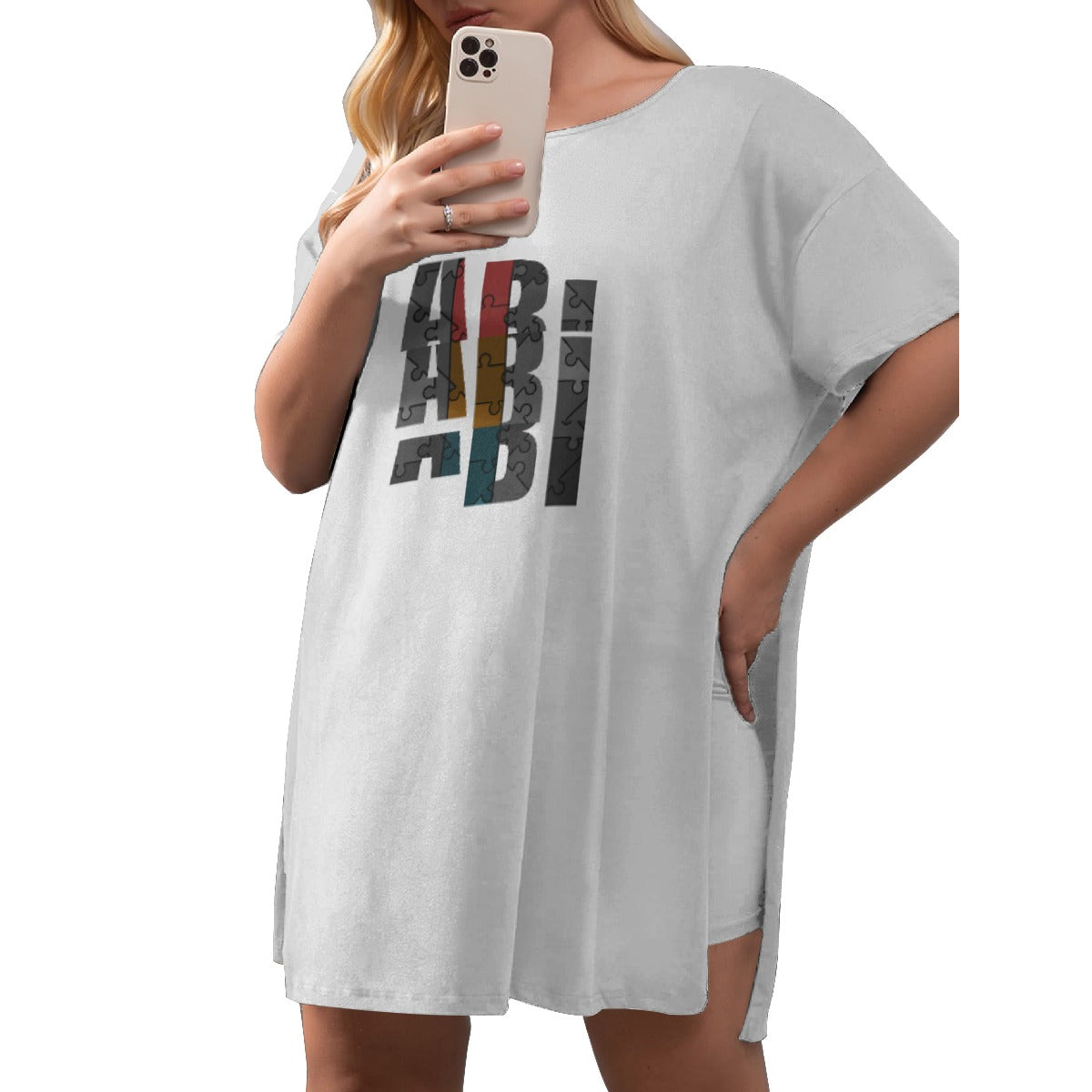 All-Over Print Women's Drop-Shoulder T-Shirt with Side Split and Shorts (Plus Size)