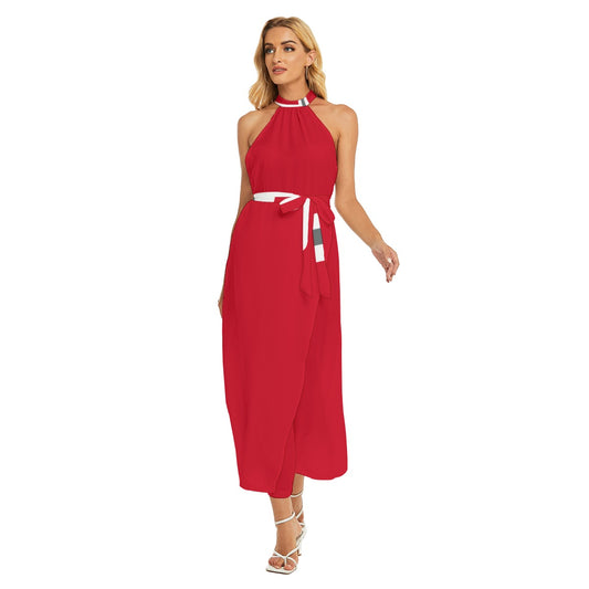 ABJ Greek (Red) All-Over Print Women's Wrap Hem Belted Halter Dress