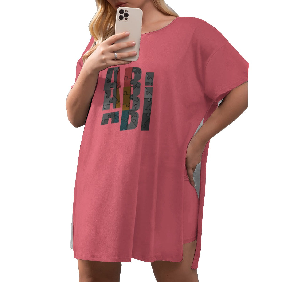 ABJ Amber Swing Pink All-Over Print Women's Drop-Shoulder T-Shirt with Side Split and Shorts (Plus Size)