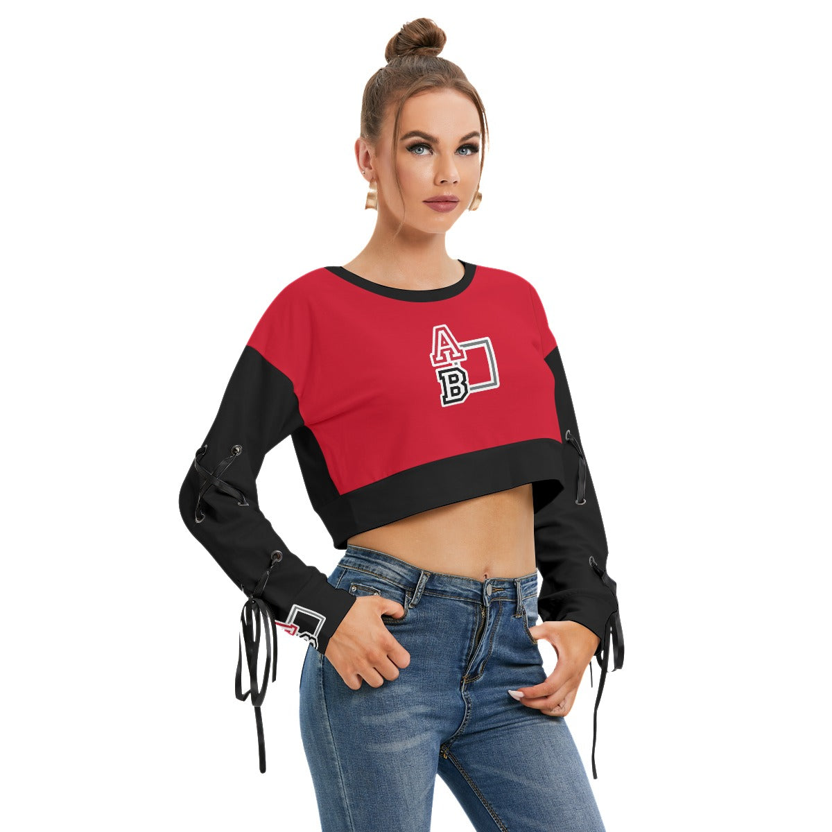 ABJ Ashley Black / Red All-Over Print Women's Long Sleeve Cropped Sweatshirt With Lace up