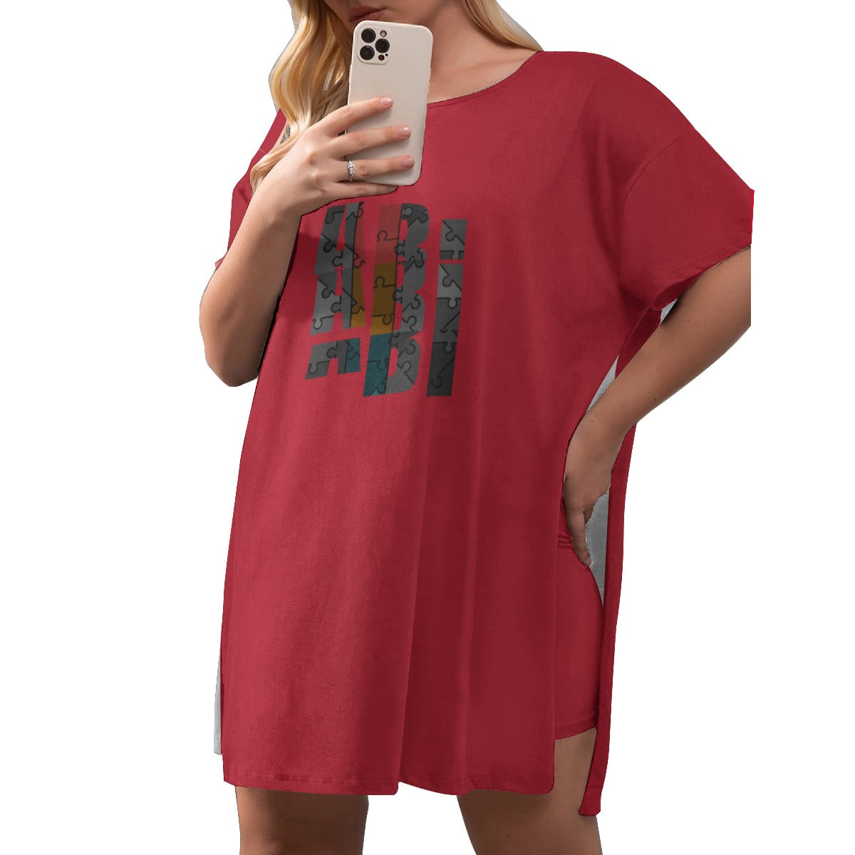 ABJ Amber Red All-Over Print Women's Drop-Shoulder T-Shirt with Side Split and Shorts (Plus Size)