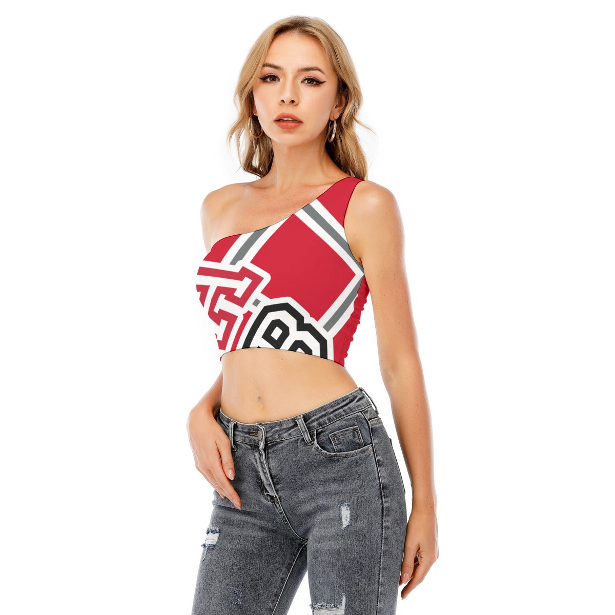 ABJ Greek Red  All-Over Print Women's One-Shoulder Cropped Top