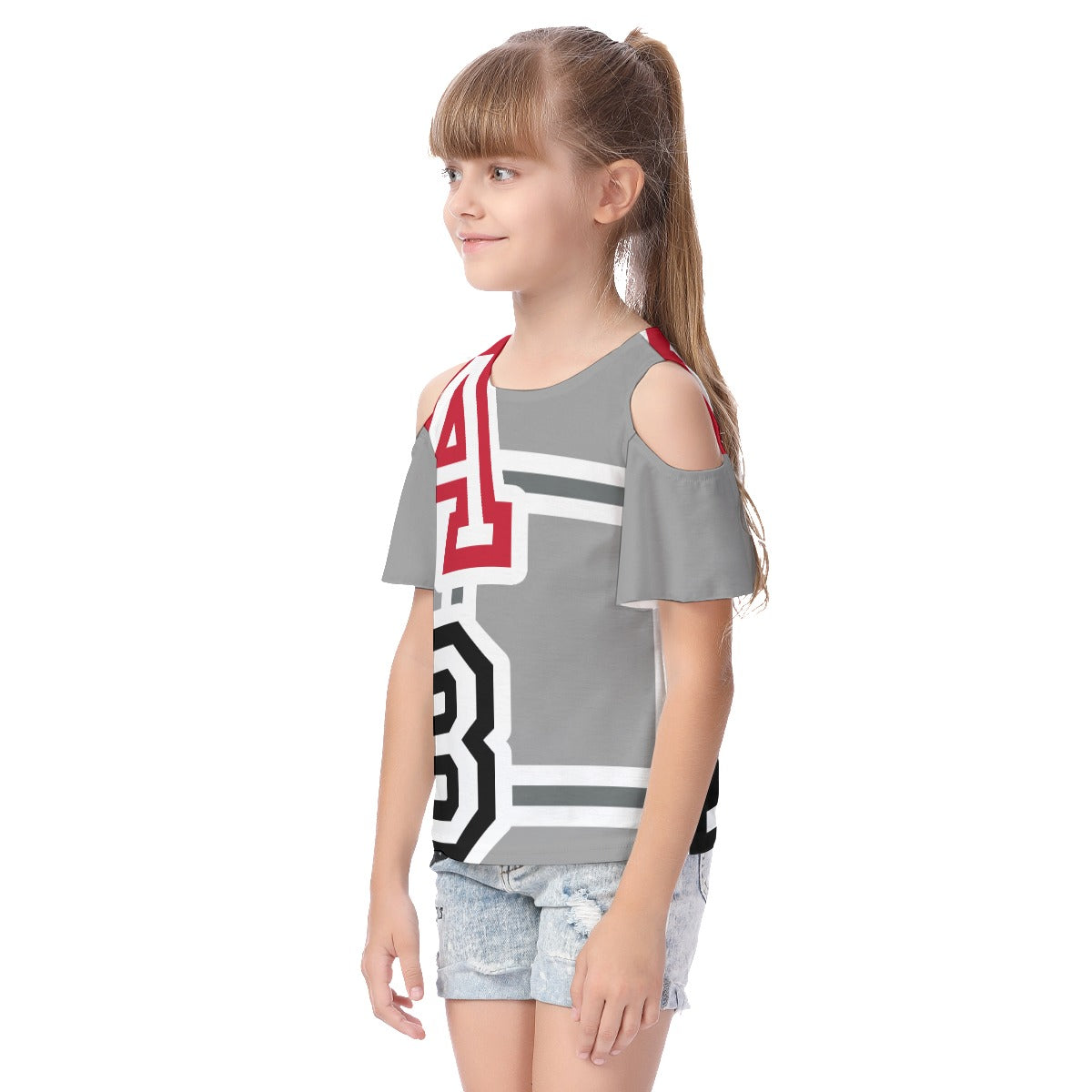 ABJ Greek All-Over Print Kid's Cold Shoulder T-shirt With Ruffle Sleeves