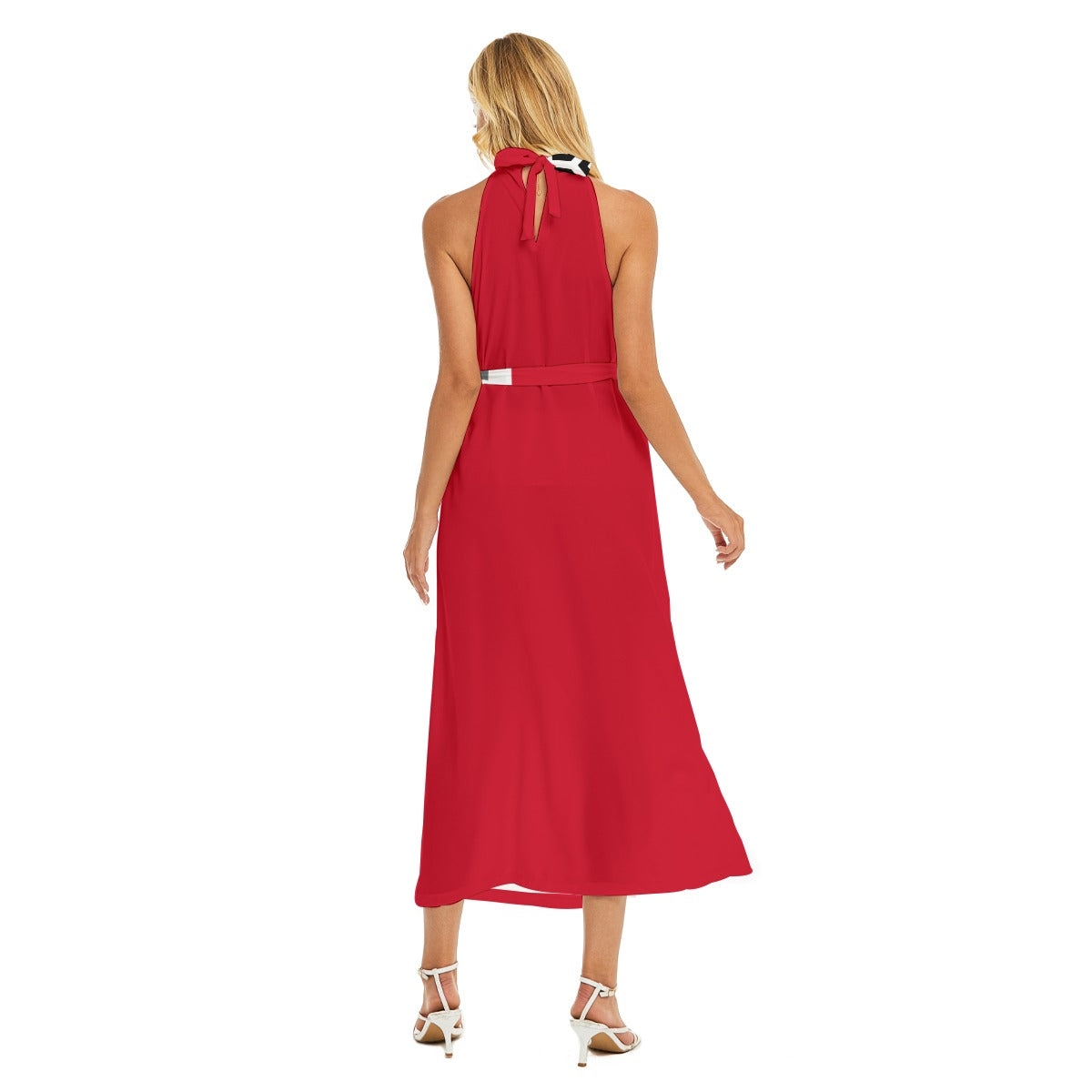 ABJ Greek (Red) All-Over Print Women's Wrap Hem Belted Halter Dress