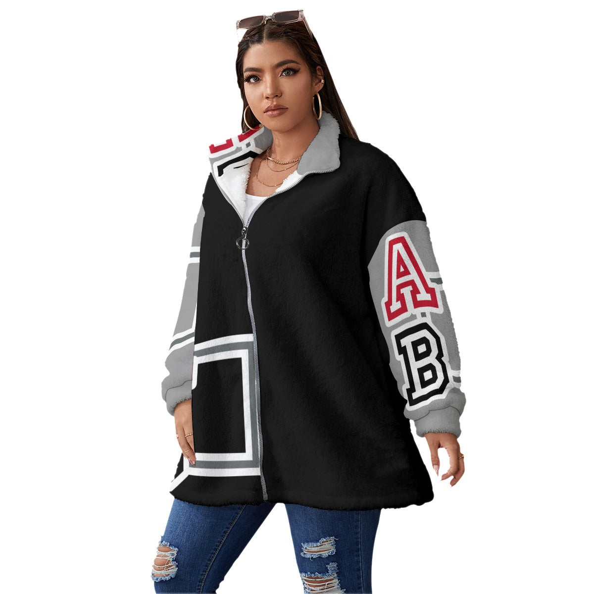 ABJ All-Over Print Women's Borg Fleece Stand-up Collar Coat With Zipper Closure(Plus Size)