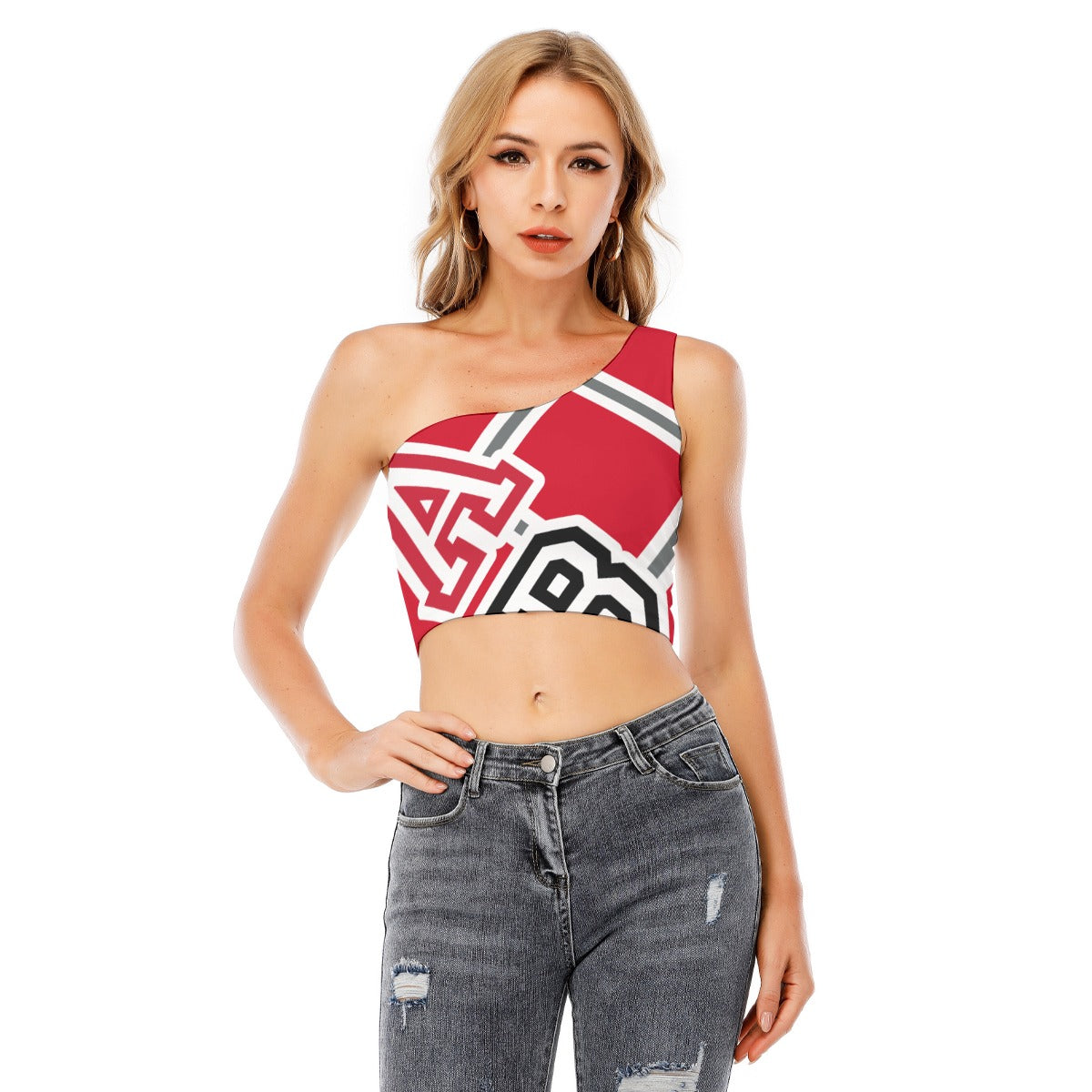 ABJ Greek Red  All-Over Print Women's One-Shoulder Cropped Top