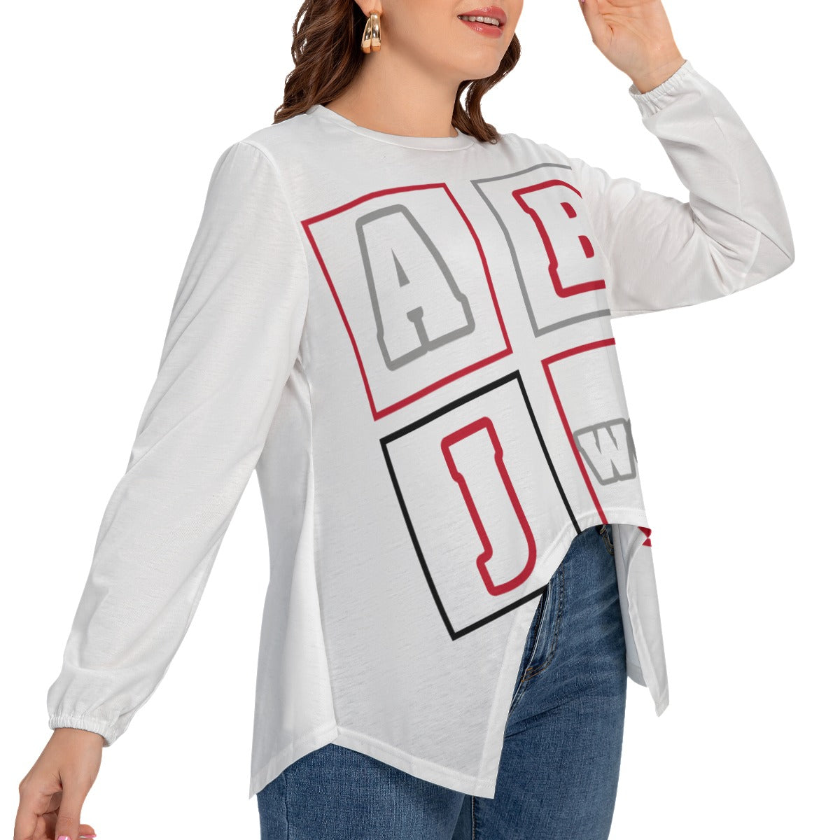 ABJ Bonnie White All-Over Print Women’s T-shirt With Asymmetrical Hem(Plus Size)