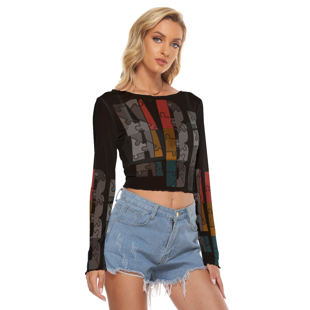 ABJ Layered All-Over Print Women's Mesh Long Sleeves T-shirt