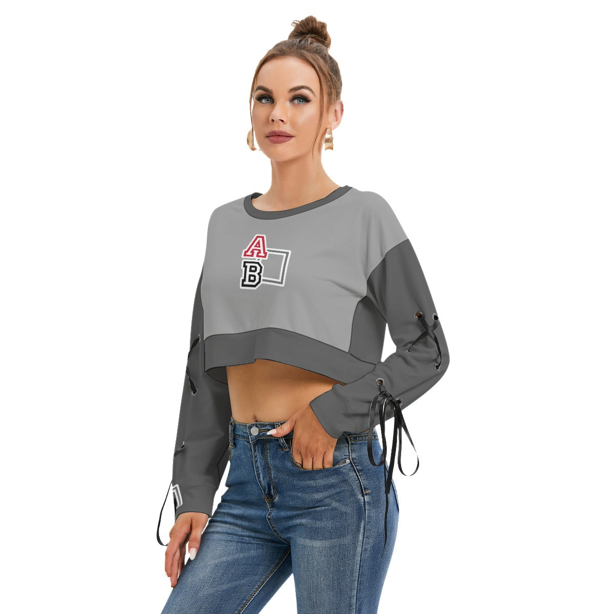 ABJ Ashley Grey All-Over Print Women's Long Sleeve Cropped Sweatshirt With Lace up