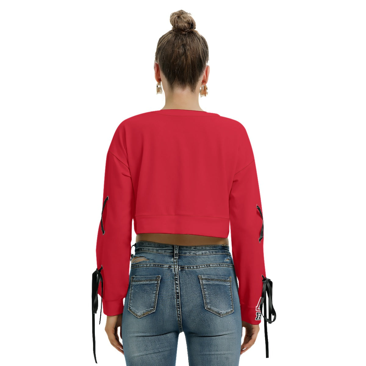 ABJ Ashley Red All-Over Print Women's Long Sleeve Cropped Sweatshirt With Lace up