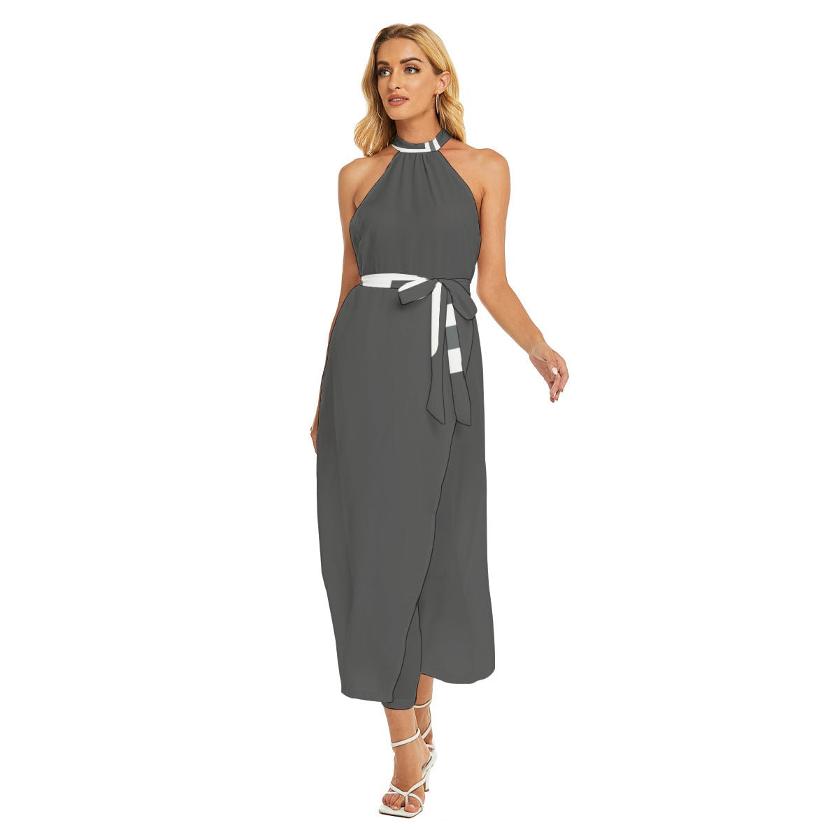 ABJ Greek (Dark Grey) All-Over Print Women's Wrap Hem Belted Halter Dress