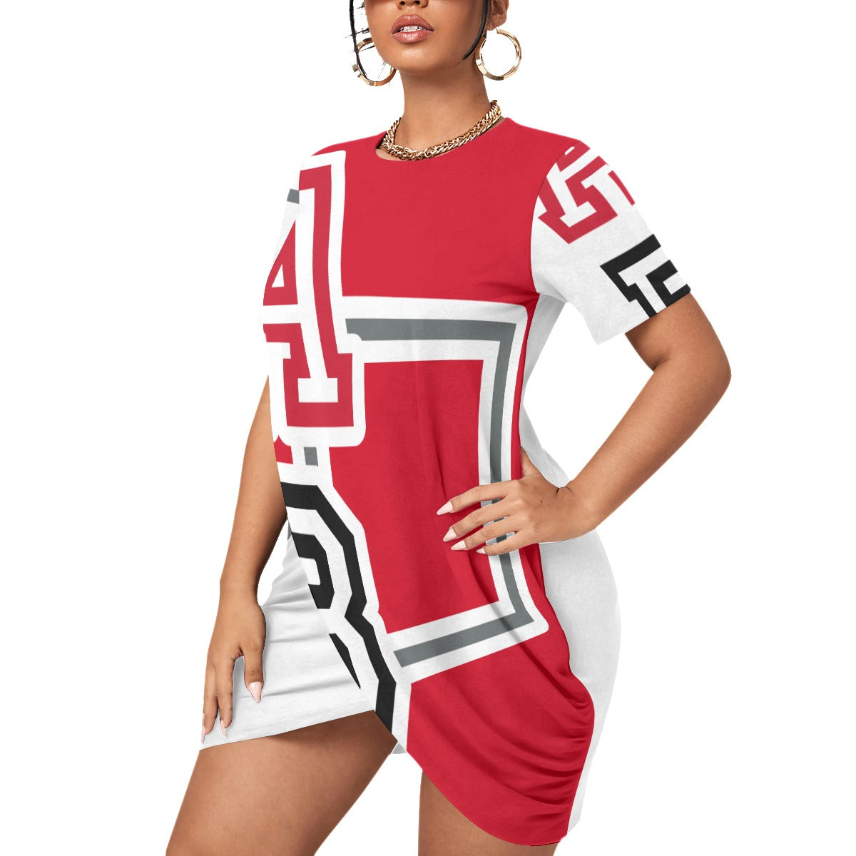 ABJ(TeeTee) Red/White All-Over Print Women’s Stacked Hem Dress With Short Sleeve（Plus Size）