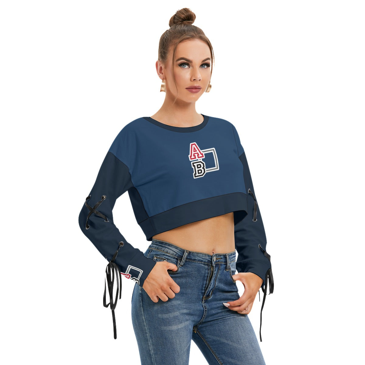 ABJ Ashley Blue All-Over Print Women's Long Sleeve Cropped Sweatshirt With Lace up