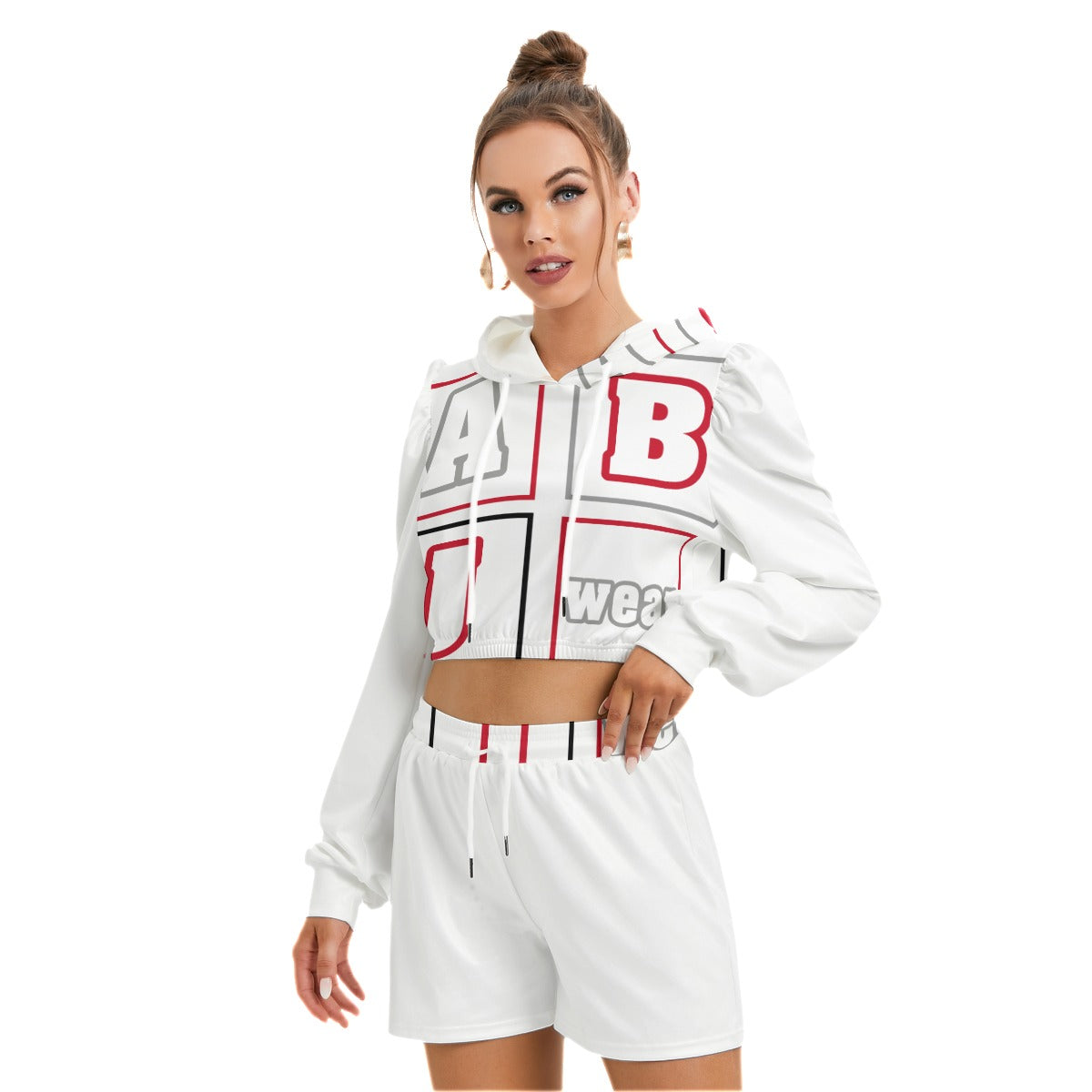 ABJ Block (White) All-Over Print Women's Mirco Fleece Hoodie And Shorts Set