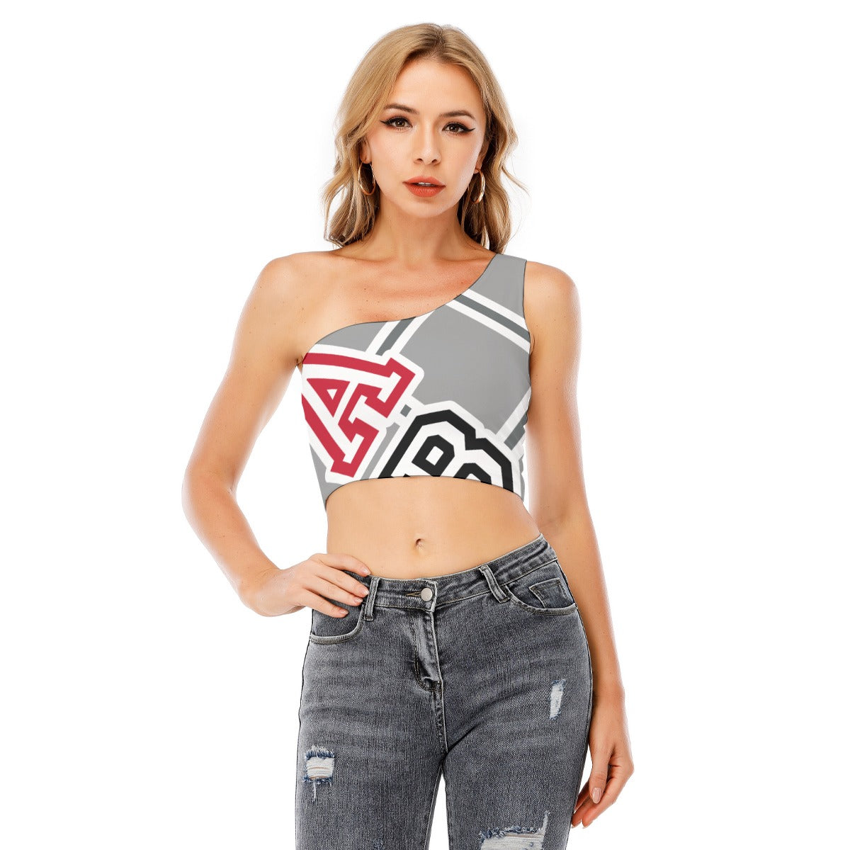 ABJ Greek Grey All-Over Print Women's One-Shoulder Cropped Top