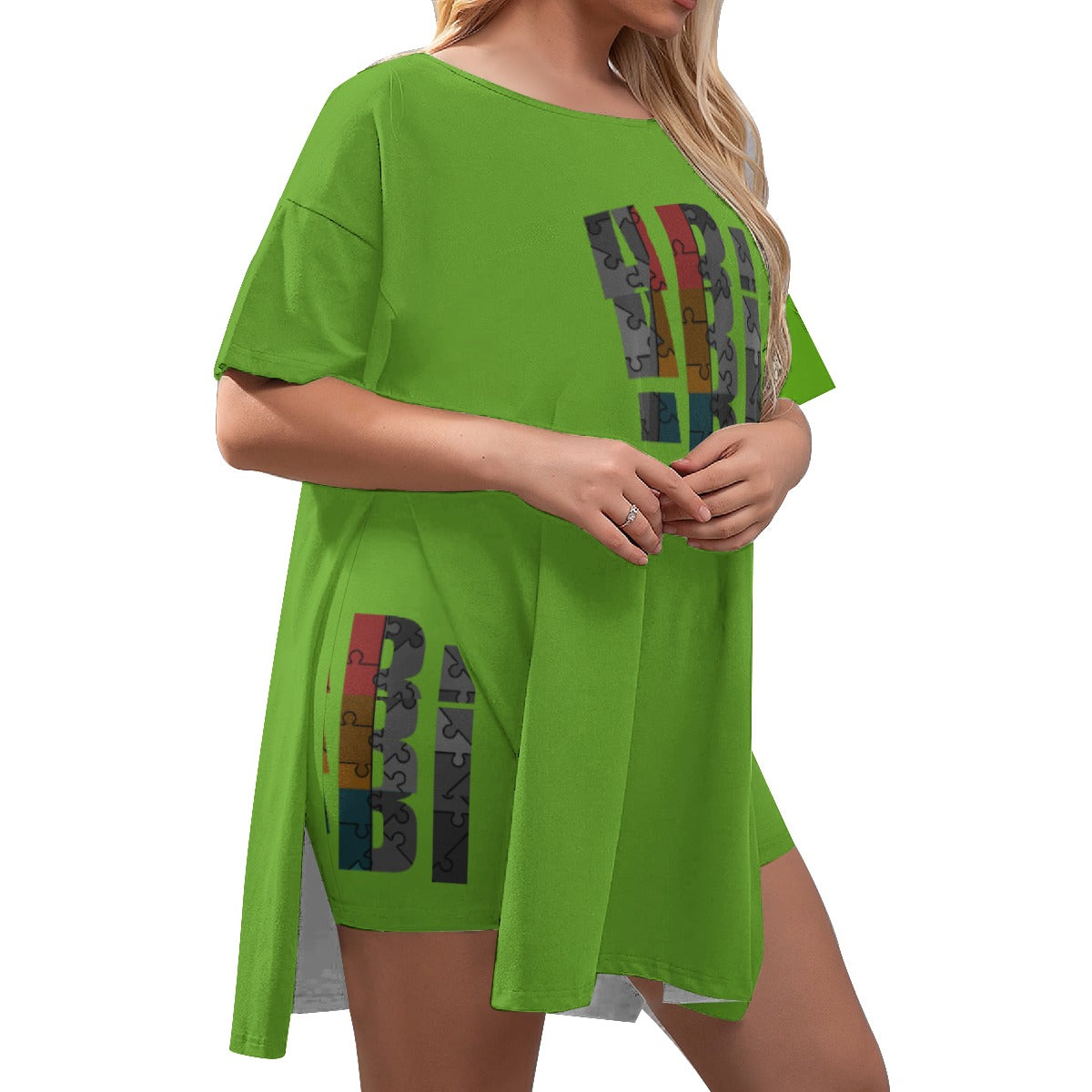 ABJ Amber Dark Lime All-Over Print Women's Drop-Shoulder T-Shirt with Side Split and Shorts (Plus Size)