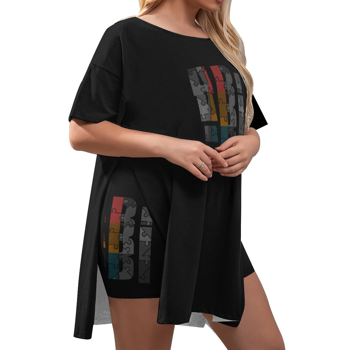 ABJ Amber Black All-Over Print Women's Drop-Shoulder T-Shirt with Side Split and Shorts (Plus Size)