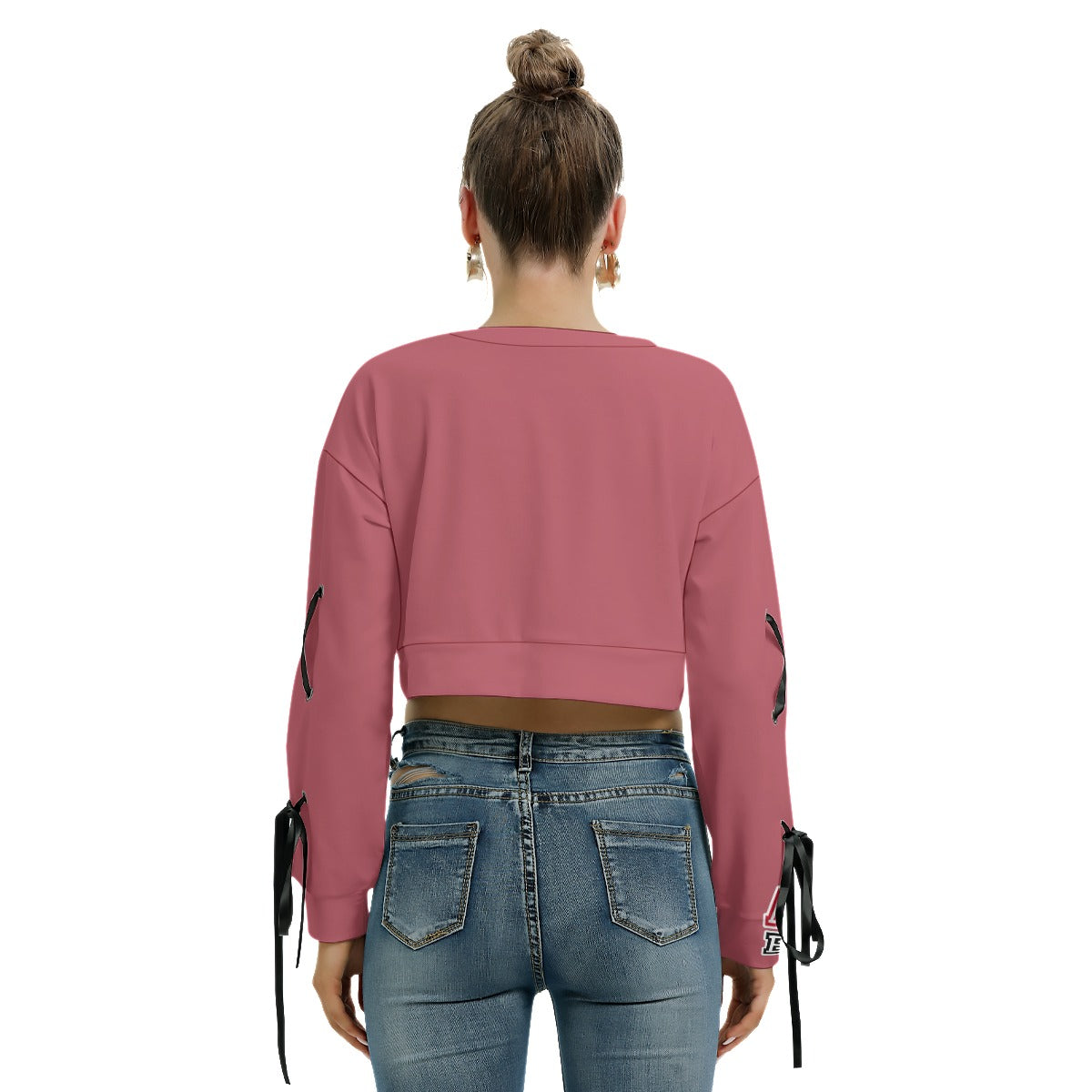 ABJ Ashley Moss Pink All-Over Print Women's Long Sleeve Cropped Sweatshirt With Lace up