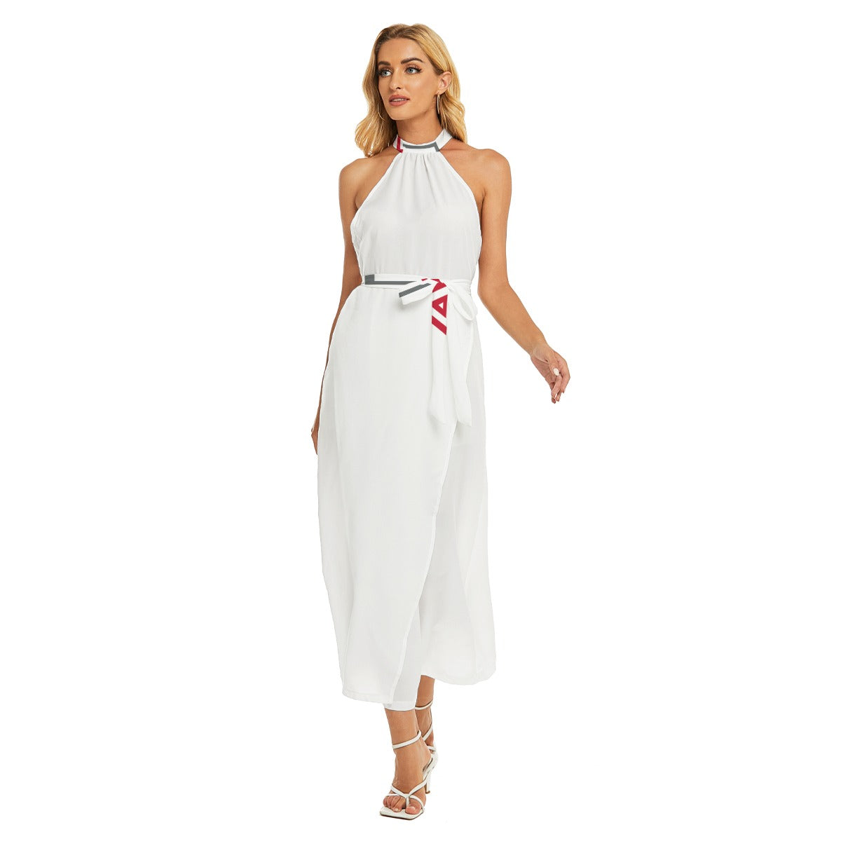 ABJ Greek (White) All-Over Print Women's Wrap Hem Belted Halter Dress