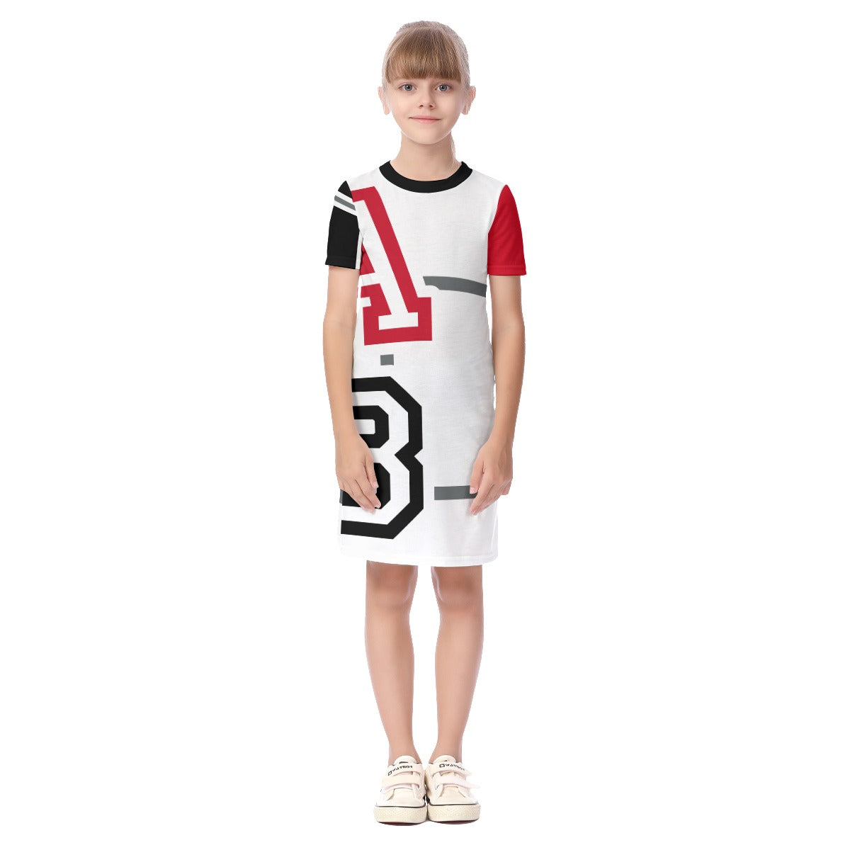 ABJ Greek all White with Red & Black sleeves  All-Over Print Kid's Short Sleeve Dress