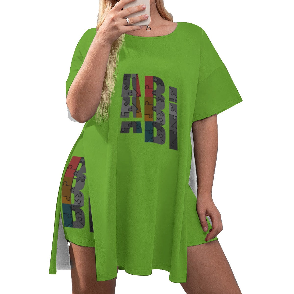 ABJ Amber Dark Lime All-Over Print Women's Drop-Shoulder T-Shirt with Side Split and Shorts (Plus Size)