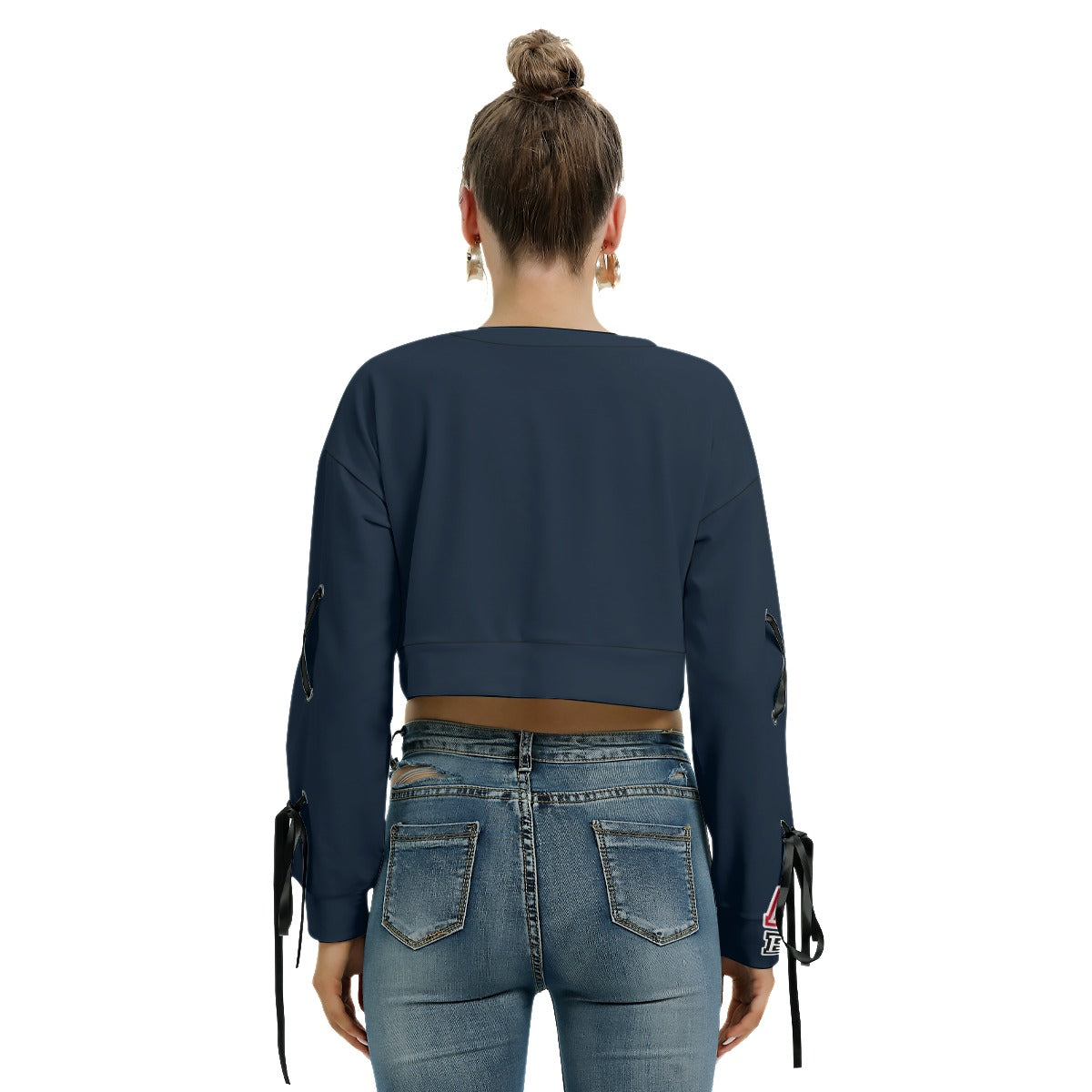 ABJ Ashley Blue All-Over Print Women's Long Sleeve Cropped Sweatshirt With Lace up