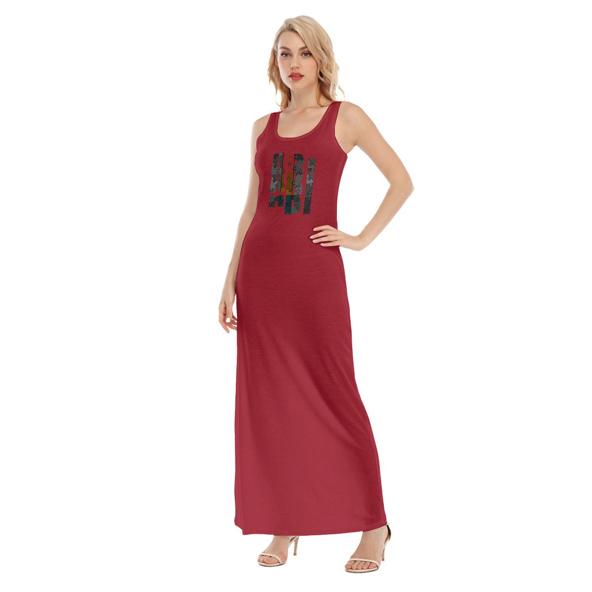 ABJ Samanth Dark Red All-Over Print Women's Vest Dress | Length To Ankle