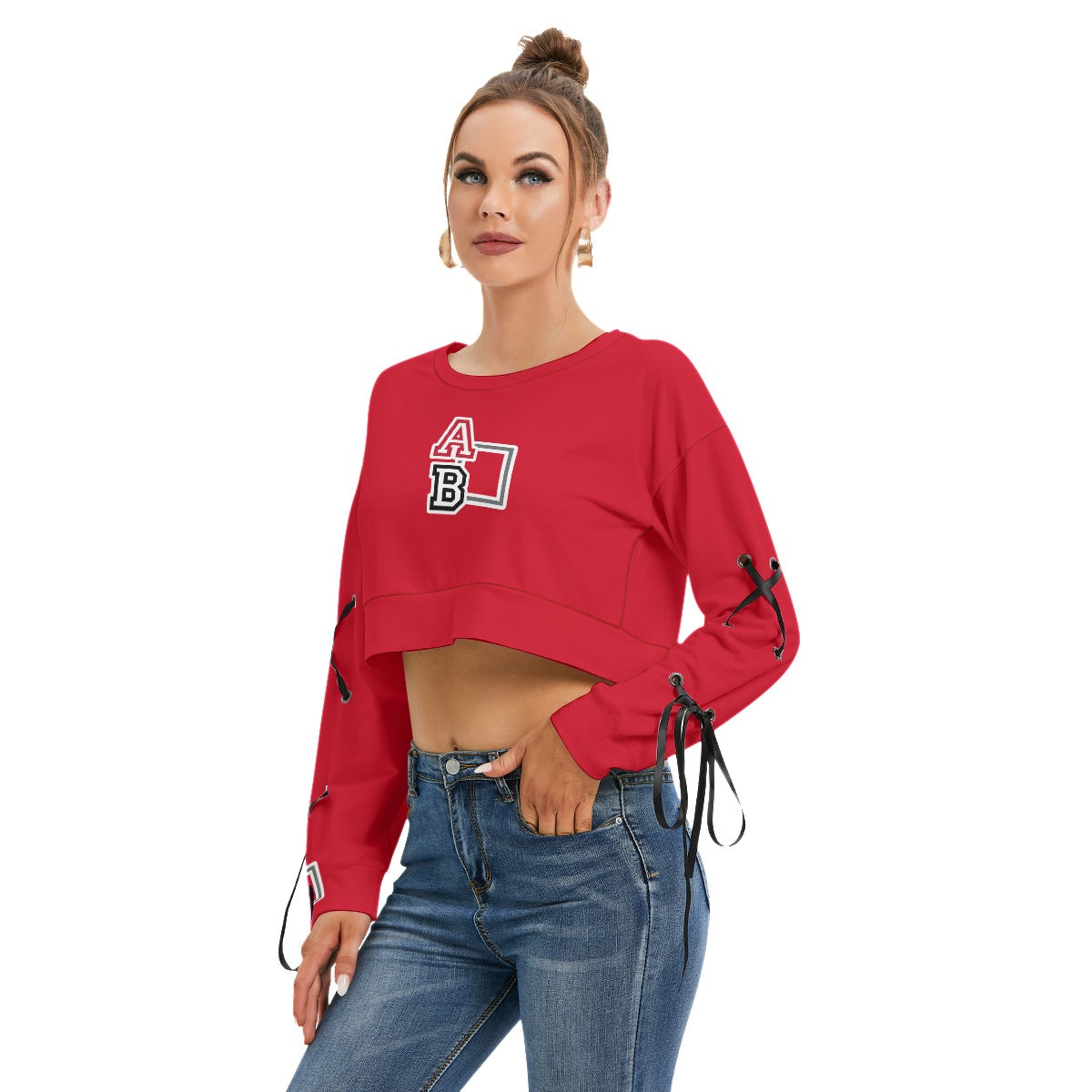 ABJ Ashley Red All-Over Print Women's Long Sleeve Cropped Sweatshirt With Lace up