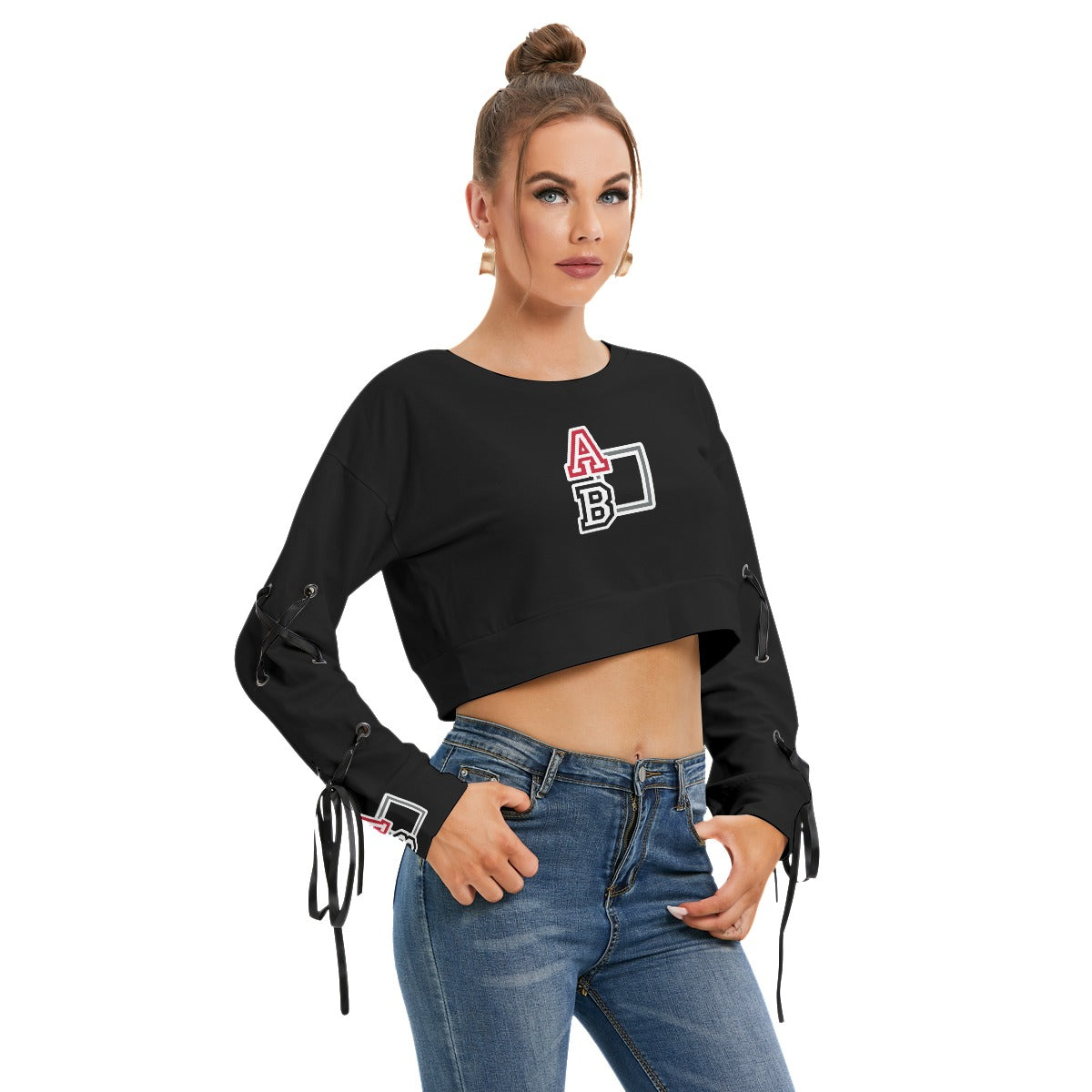 ABJ Ashley Black All-Over Print Women's Long Sleeve Cropped Sweatshirt With Lace up