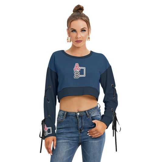 ABJ Ashley Blue All-Over Print Women's Long Sleeve Cropped Sweatshirt With Lace up