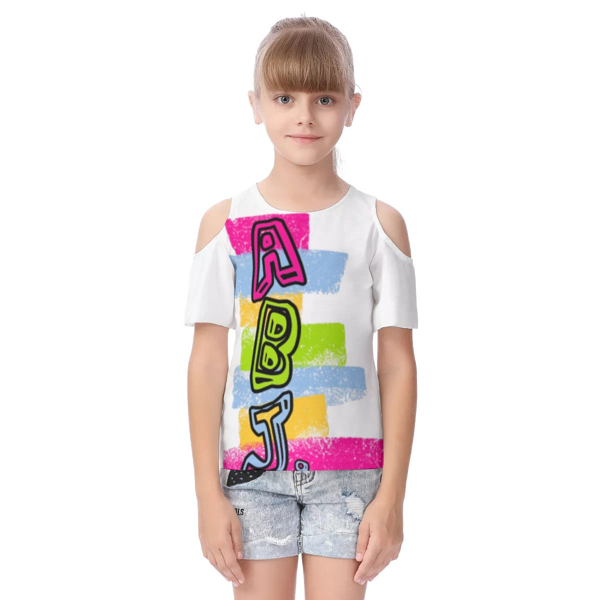 ABJ Colorful Brick Kids All-Over Print Kid's Cold Shoulder T-shirt with Ruffle Sleeves