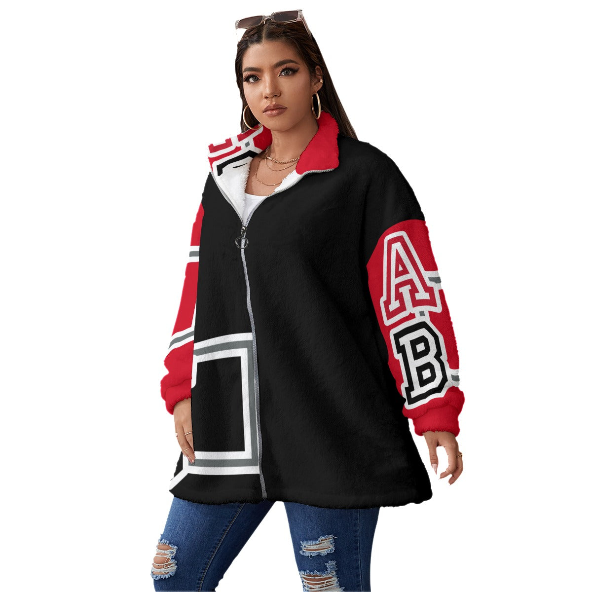 ABJ Black/Red All-Over Print Women's Borg Fleece Stand-up Collar Coat With Zipper Closure(Plus Size)